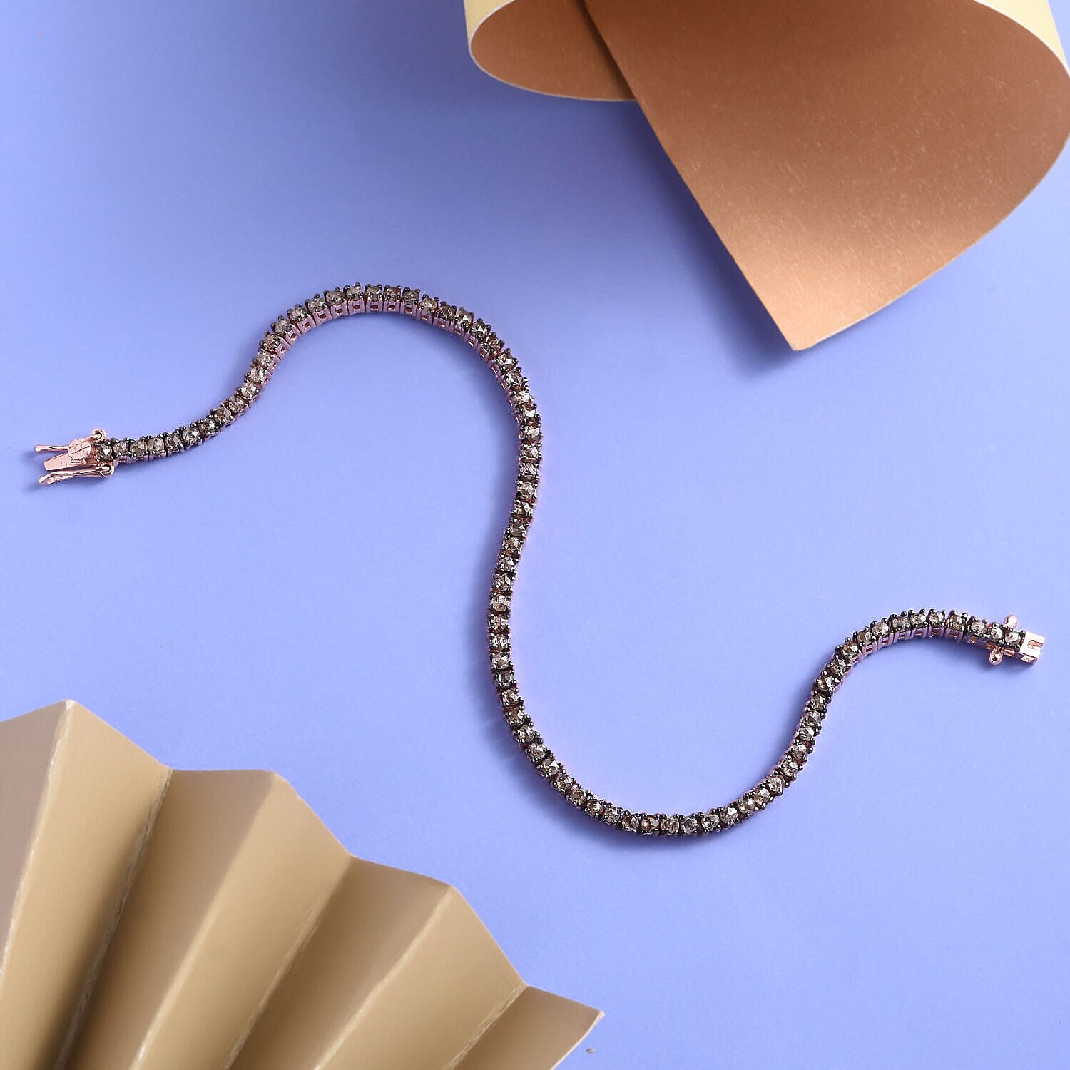 Natural Champagne Diamond Bracelet (Size - 7.5) in 18K Vermeil Rose Gold Plated Sterling Silver 4.00 Ct, Silver Wt 8.50 Gms