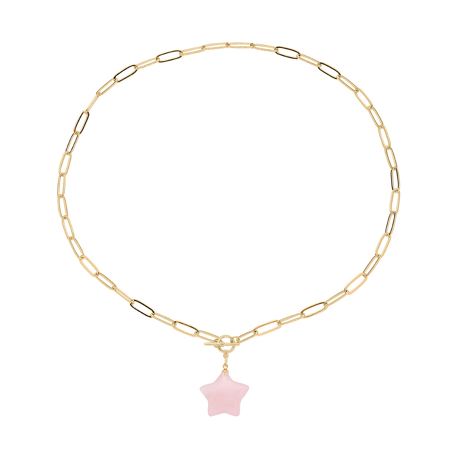 Rose Quartz Paperclip Necklace (Size - 20) with T-Bar Lock in Yellow Gold Tone 16.50 Ct.