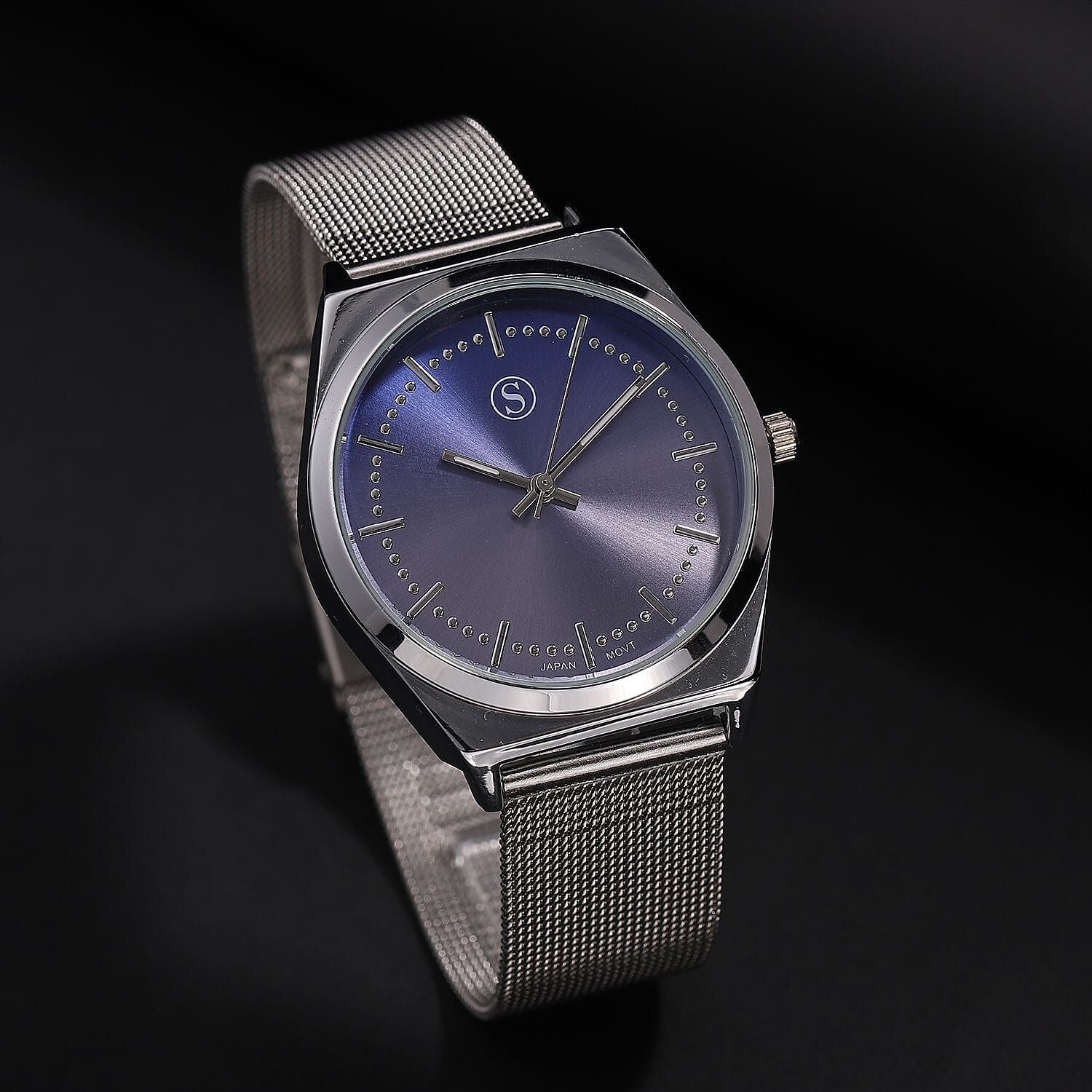 STRADA Japanese Movement Blue Dial Water Resistant Watch with Stainless Steel Mesh Strap in Silver Tone