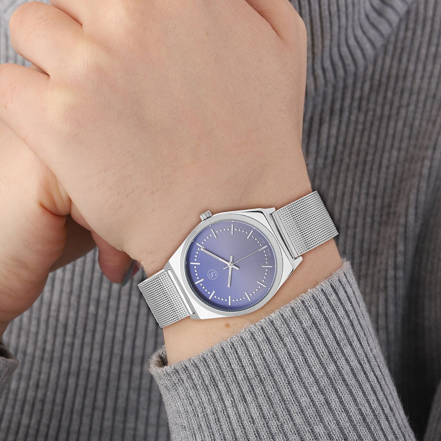 STRADA Japanese Movement Blue Dial Water Resistant Watch with Stainless Steel Mesh Strap in Silver Tone