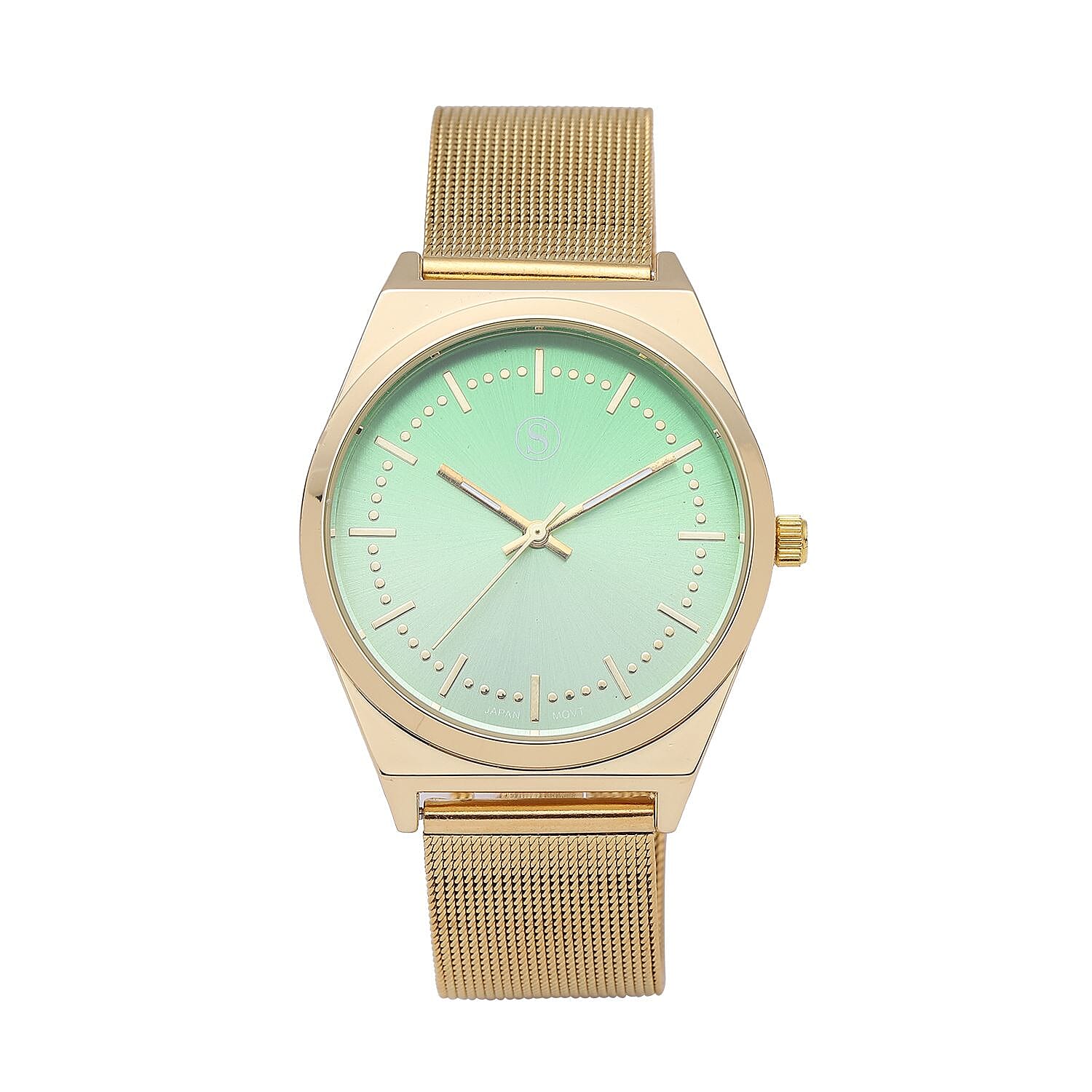 STRADA Japanese Movement Green Dial Water Resistant Watch with Stainless Steel Mesh Strap in Gold Tone