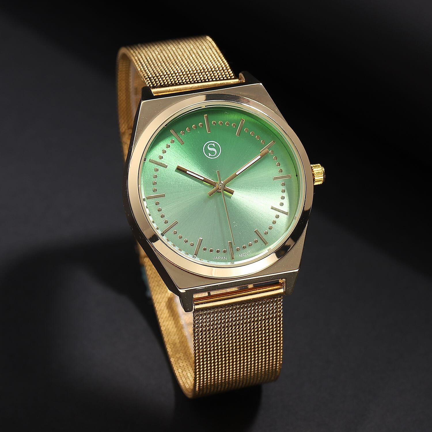 STRADA Japanese Movement Green Dial Water Resistant Watch with Stainless Steel Mesh Strap in Gold Tone