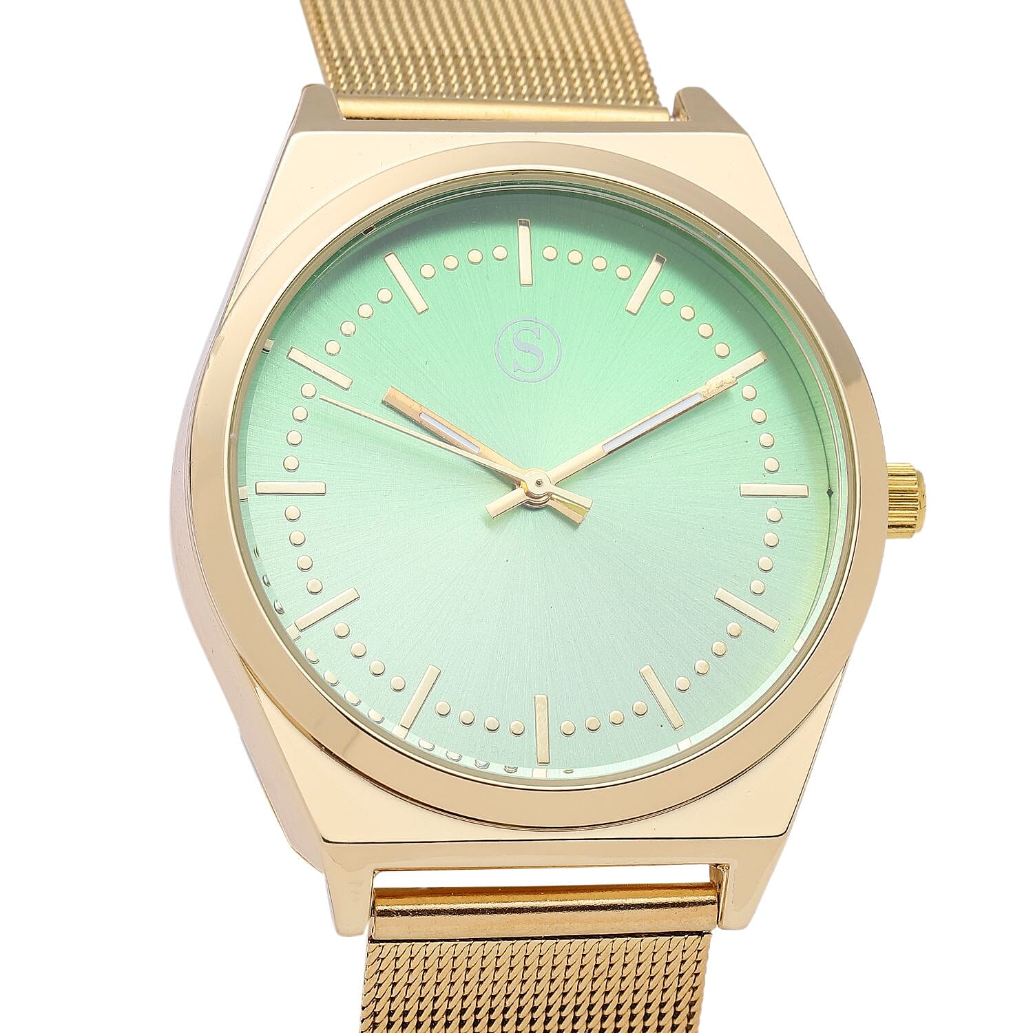 STRADA Japanese Movement Green Dial Water Resistant Watch with Stainless Steel Mesh Strap in Gold Tone