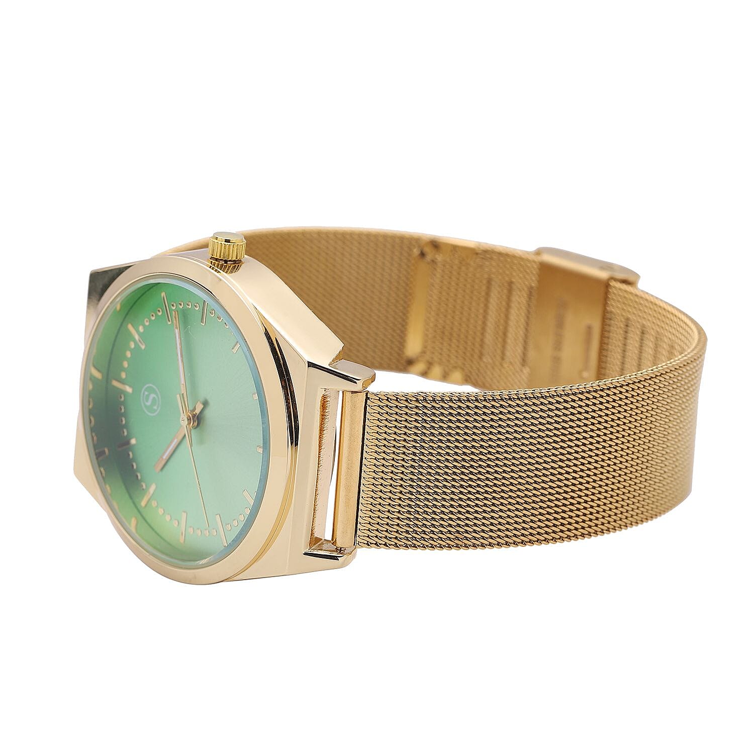 STRADA Japanese Movement Green Dial Water Resistant Watch with Stainless Steel Mesh Strap in Gold Tone