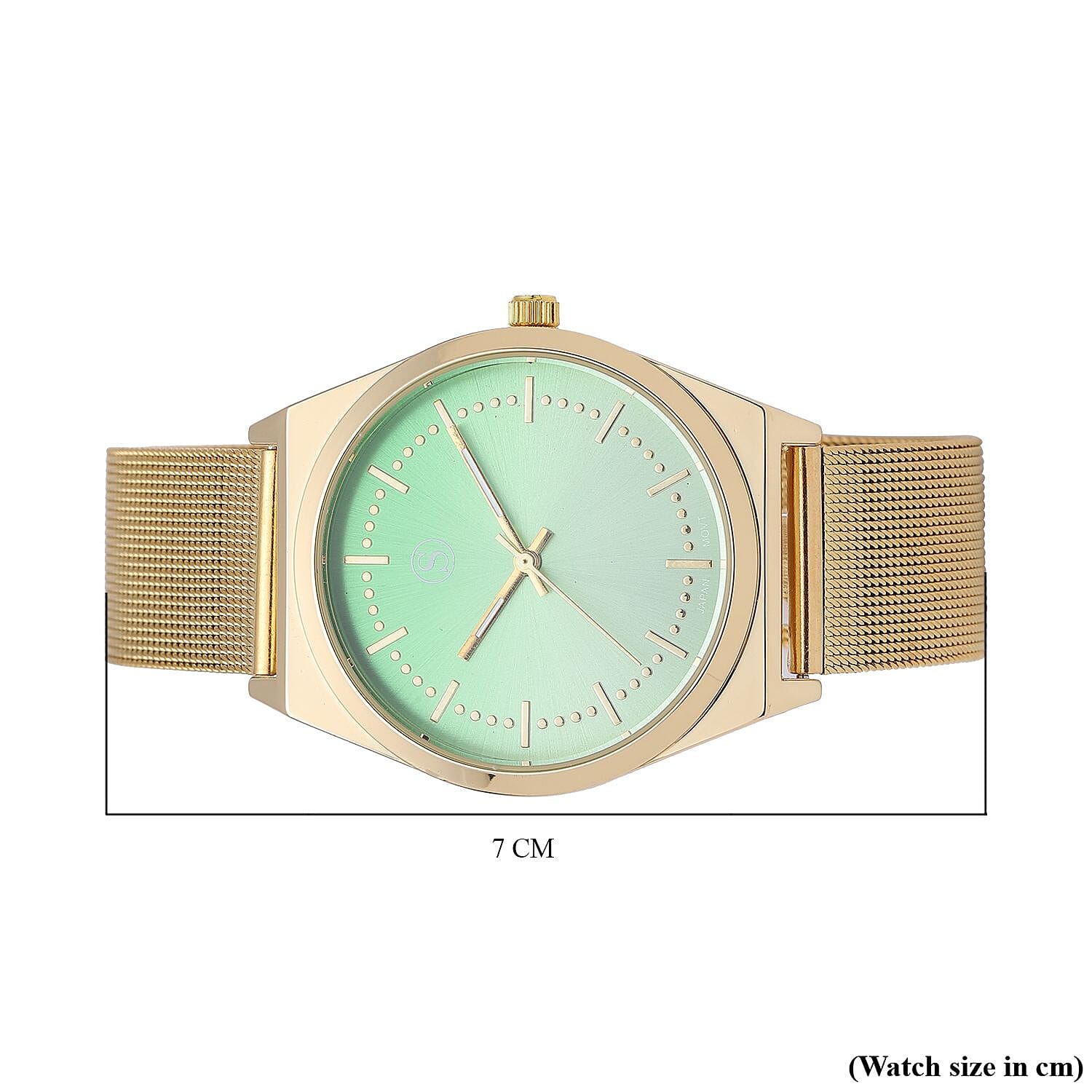 STRADA Japanese Movement Green Dial Water Resistant Watch with Stainless Steel Mesh Strap in Gold Tone