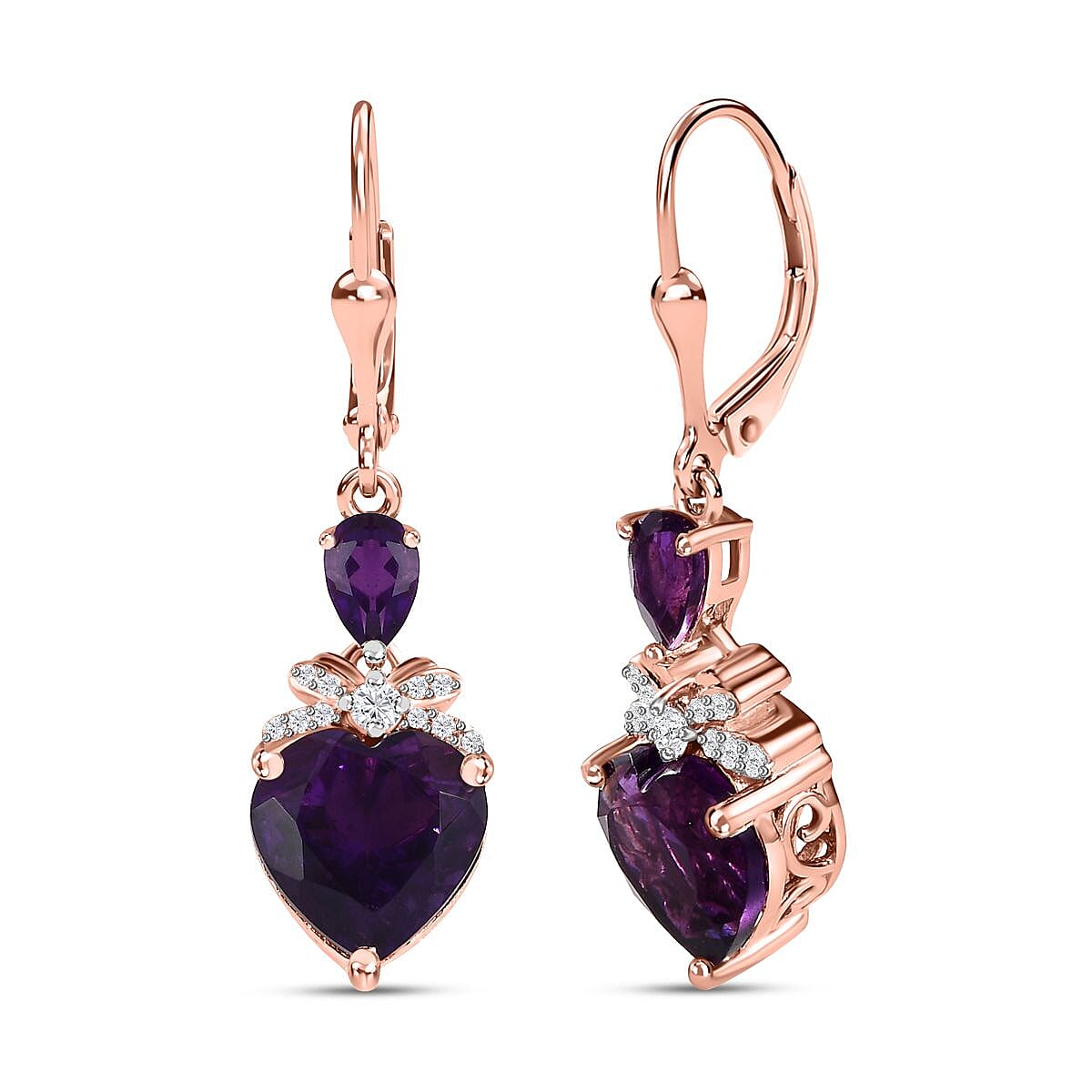 D'Joy Amethyst & Natural Zircon Heart Earrings with Lever Back in 18K Vermeil Rose Gold Plated Sterling Silver 6.34 Ct.
