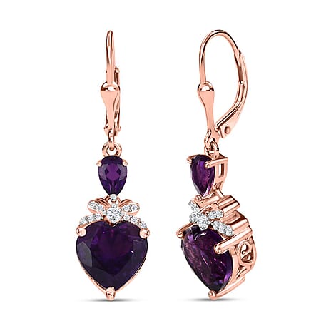 Amethyst and Natural Zircon Heart Earrings with Lever Back in 18K Vermeil Rose Gold Plated Sterling Silver 6.66 Ct.