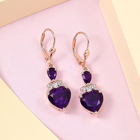 Amethyst and Natural Zircon Heart Earrings with Lever Back in 18K Vermeil Rose Gold Plated Sterling Silver 6.66 Ct.