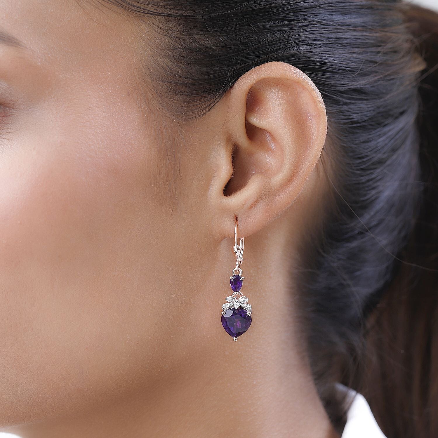 D'Joy Amethyst & Natural Zircon Heart Earrings with Lever Back in 18K Vermeil Rose Gold Plated Sterling Silver 6.34 Ct.