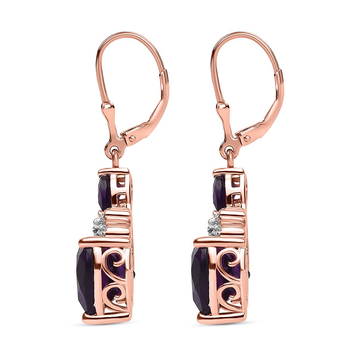 D'Joy Amethyst & Natural Zircon Heart Earrings with Lever Back in 18K Vermeil Rose Gold Plated Sterling Silver 6.34 Ct.
