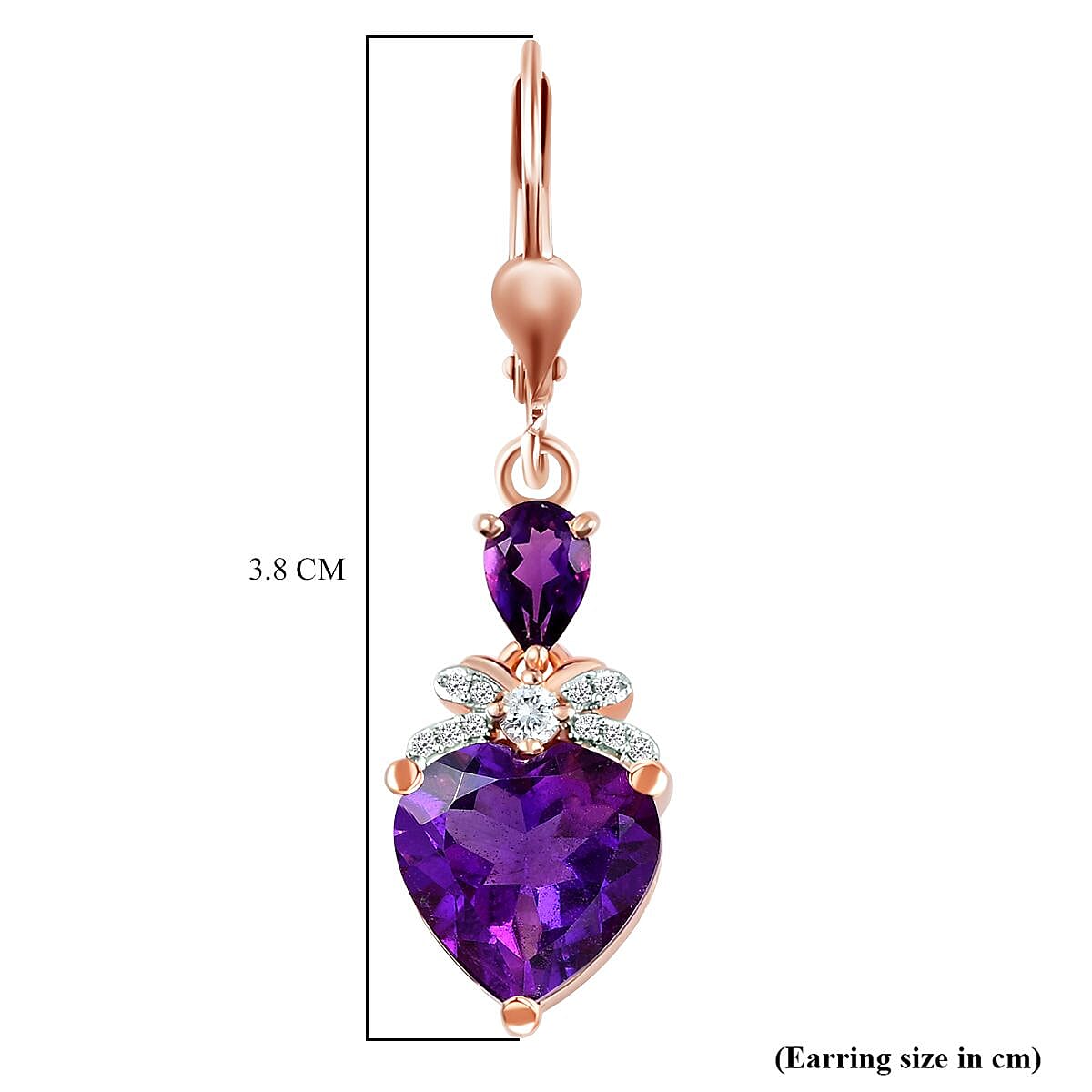 D'Joy Amethyst & Natural Zircon Heart Earrings with Lever Back in 18K Vermeil Rose Gold Plated Sterling Silver 6.34 Ct.