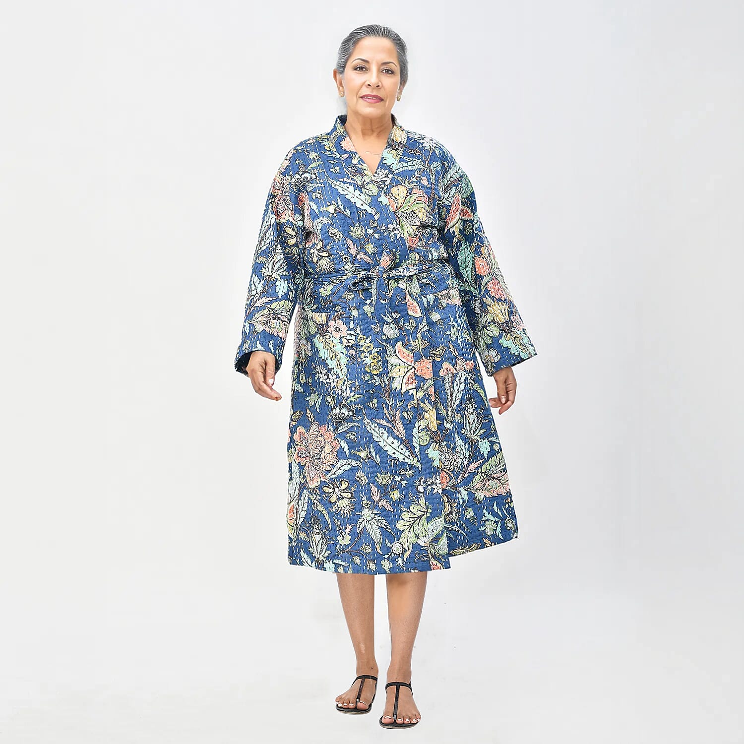 LA MAREY Cotton Printed Kantha Kimono (One Size) - Navy