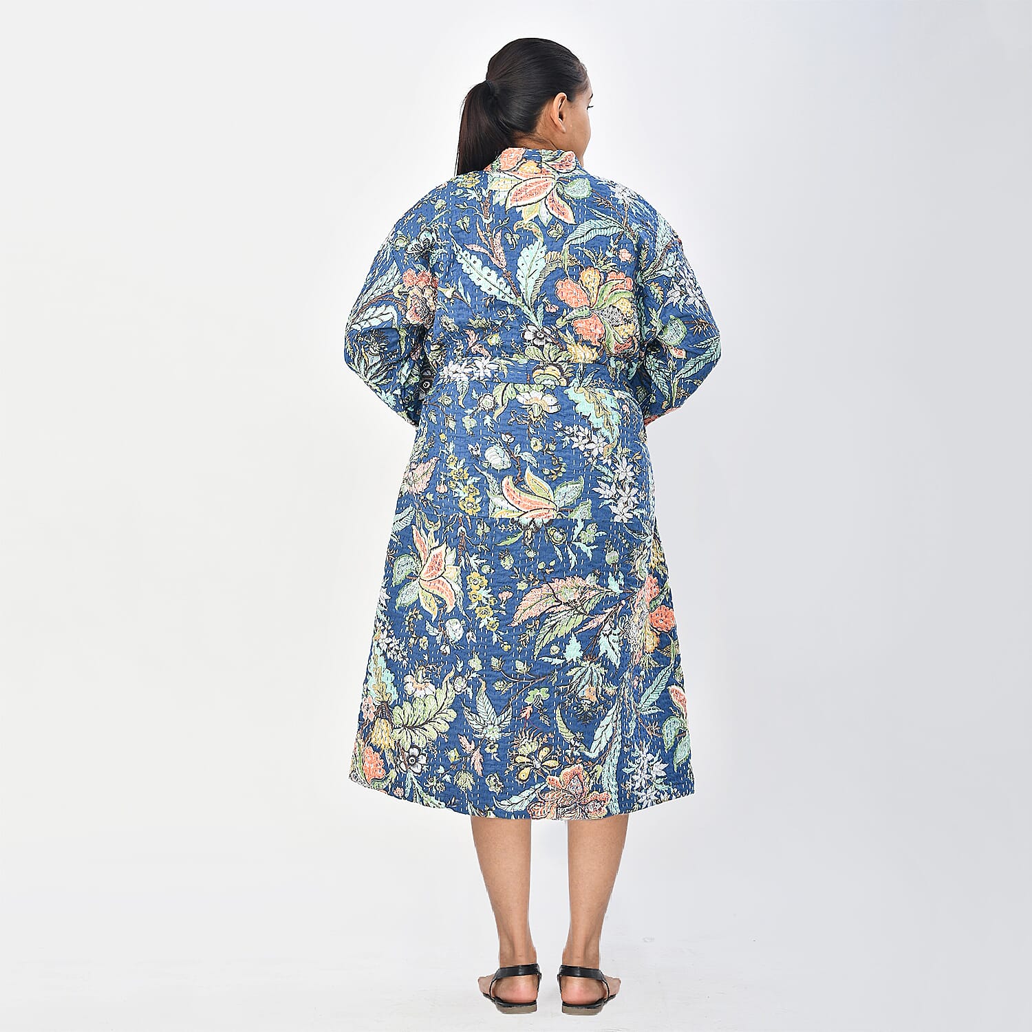 LA MAREY Cotton Printed Kantha Kimono (One Size) - Navy