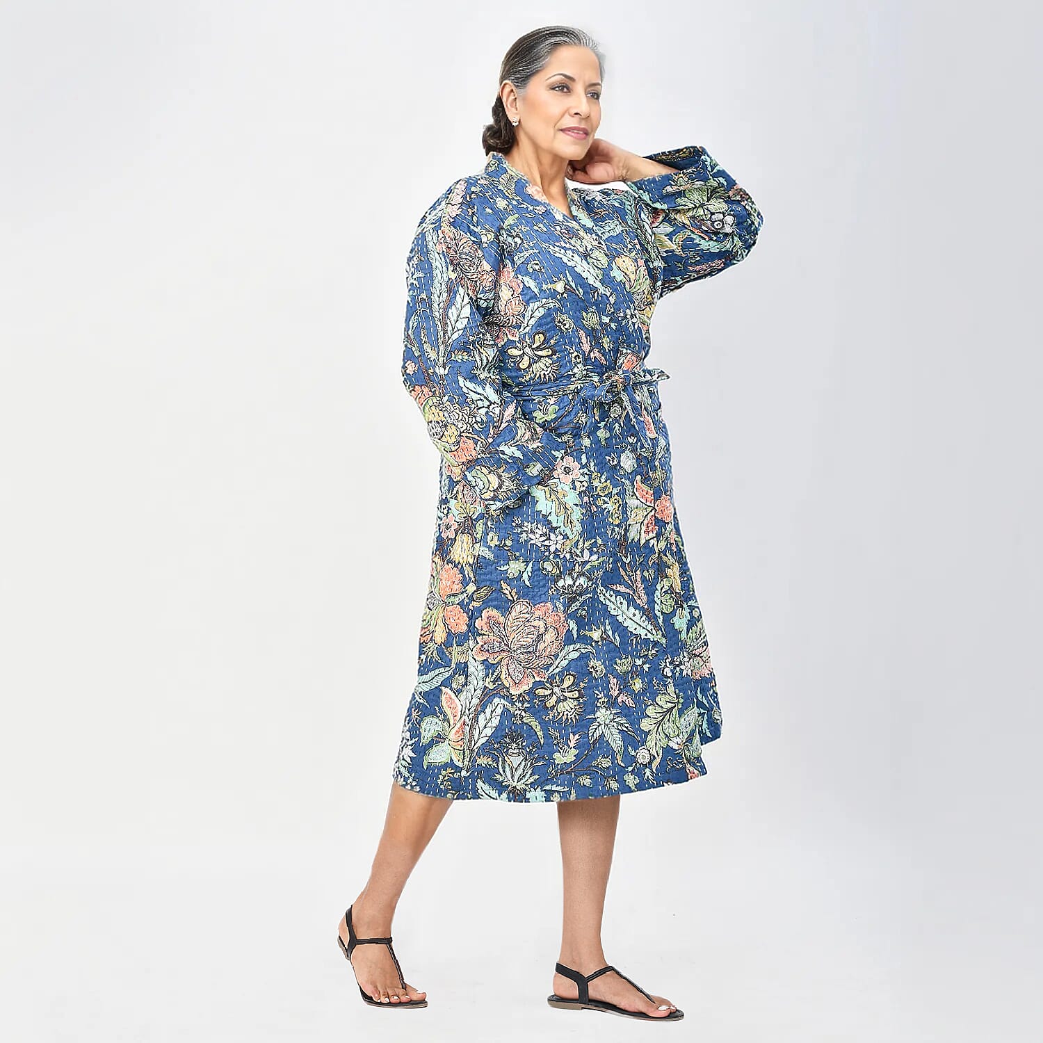 LA MAREY Cotton Printed Kantha Kimono (One Size) - Navy