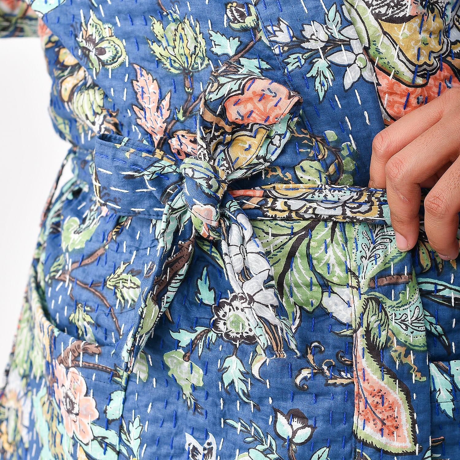 LA MAREY 100% Cotton Printed Kantha Kimono (One Size) - Navy