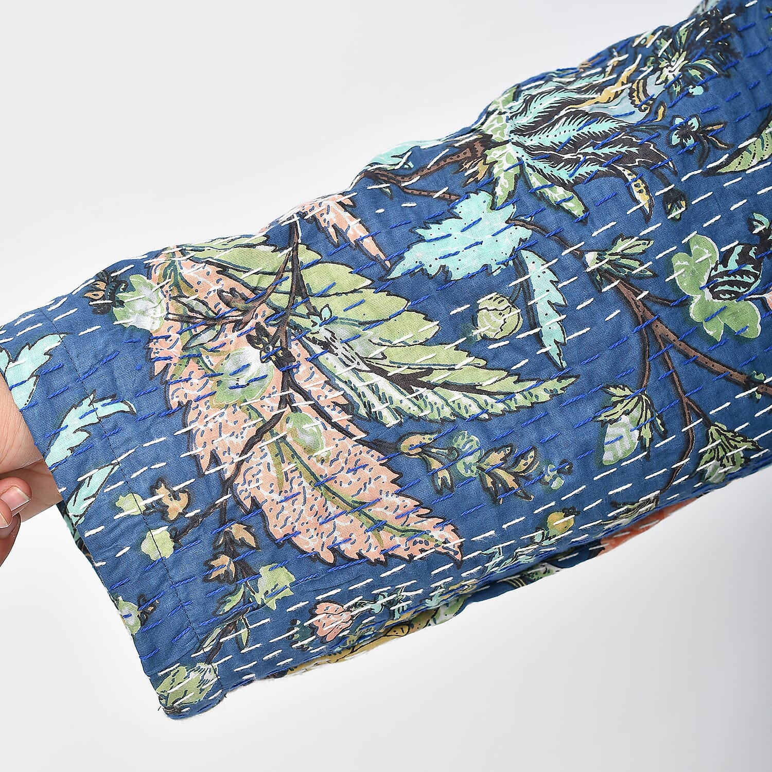 LA MAREY 100% Cotton Printed Kantha Kimono (One Size) - Navy