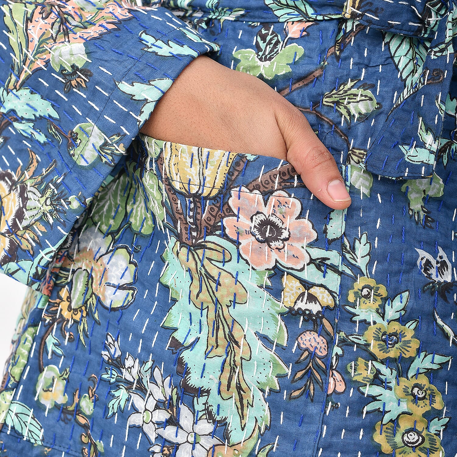 LA MAREY 100% Cotton Printed Kantha Kimono (One Size) - Navy