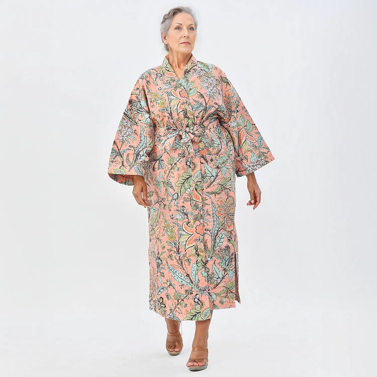 LA MAREY 100% Cotton Printed Kantha Kimono (One Size) - Light Pink