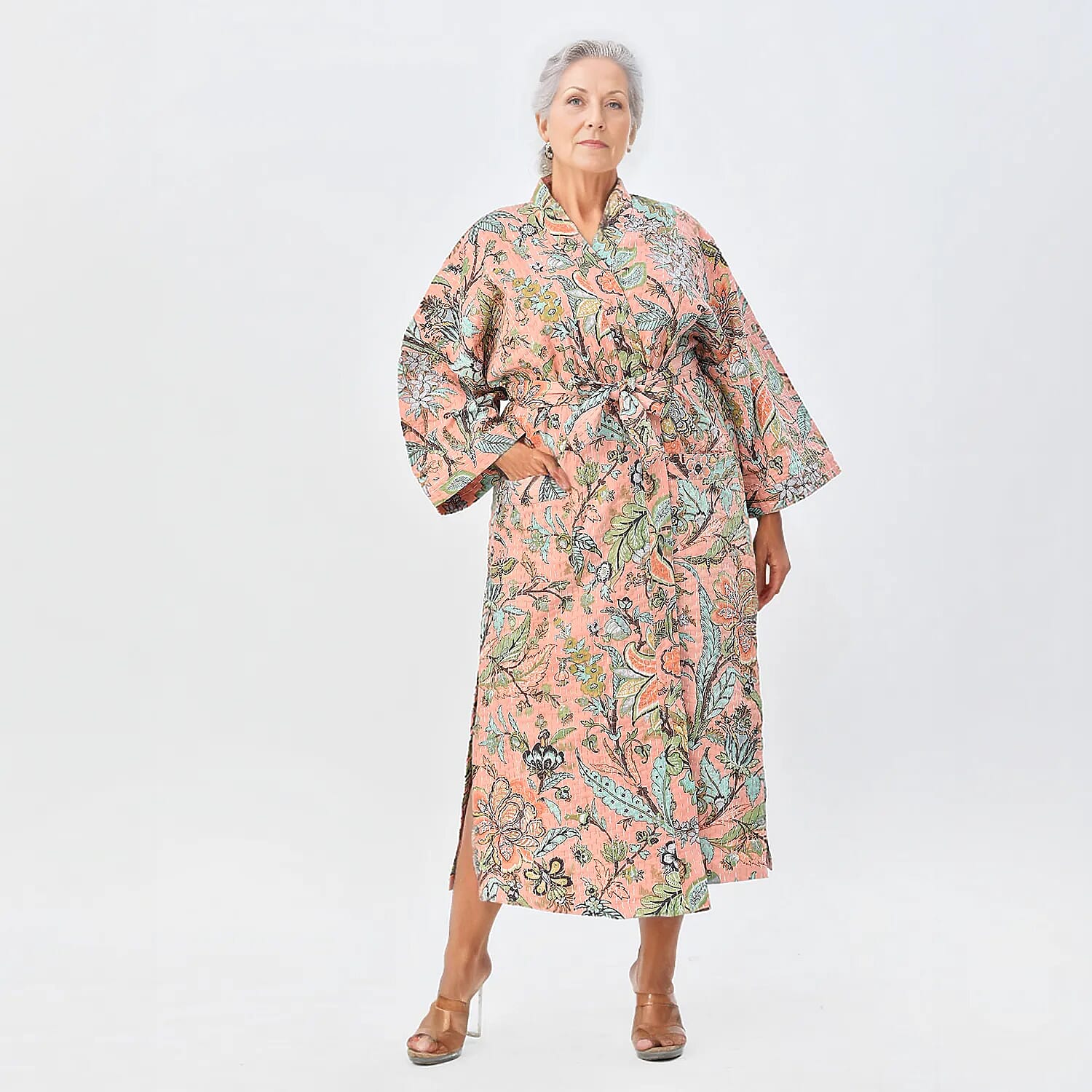 LA MAREY 100% Cotton Printed Kantha Kimono (One Size) - Light Pink