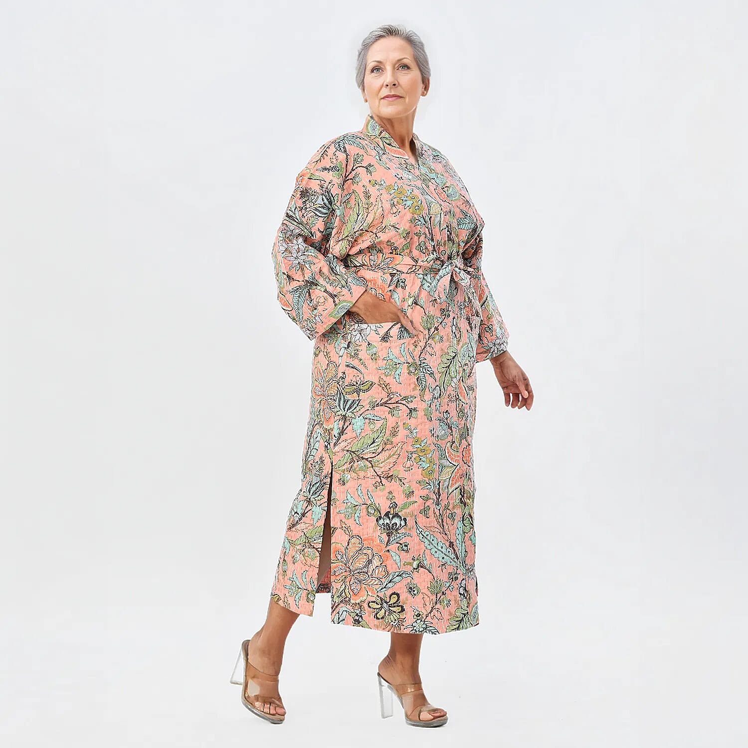 LA MAREY 100% Cotton Printed Kantha Kimono (One Size) - Light Pink