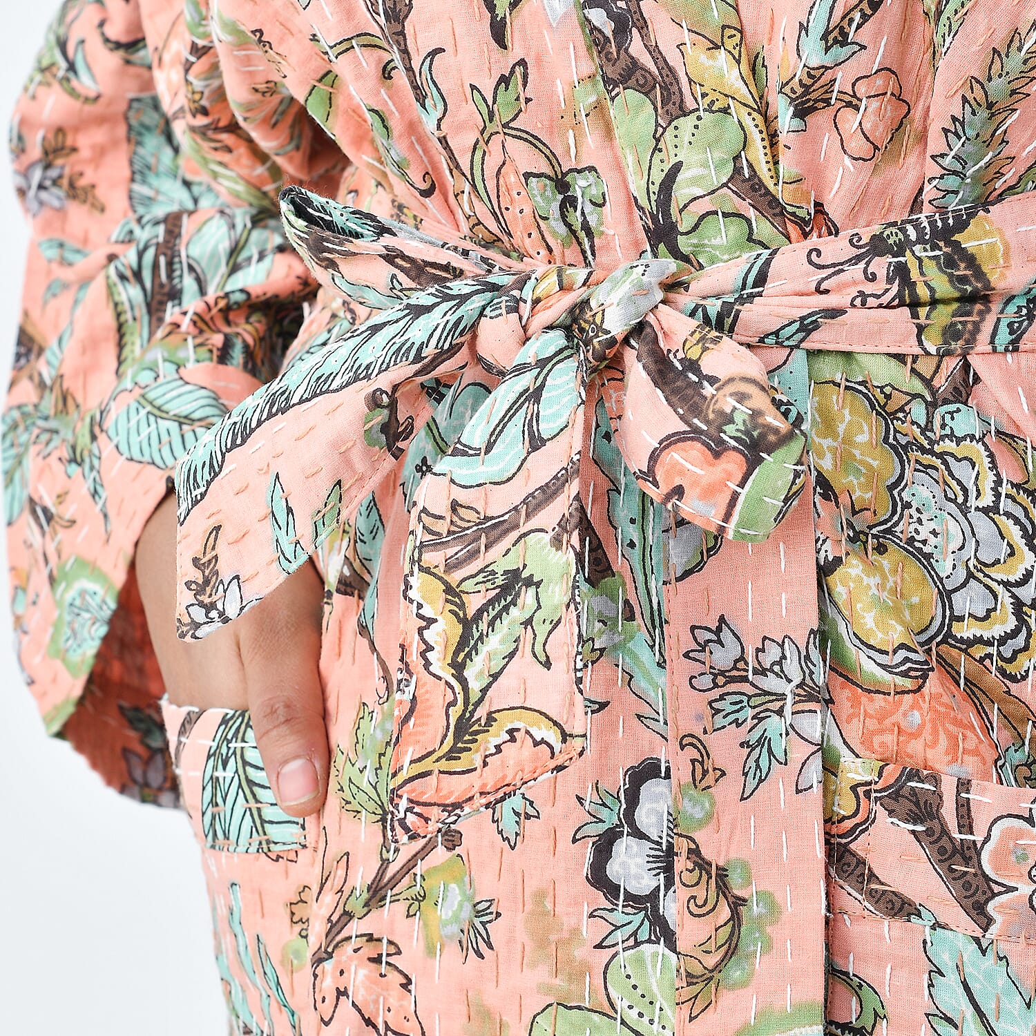 LA MAREY 100% Cotton Printed Kantha Kimono (One Size) - Light Pink