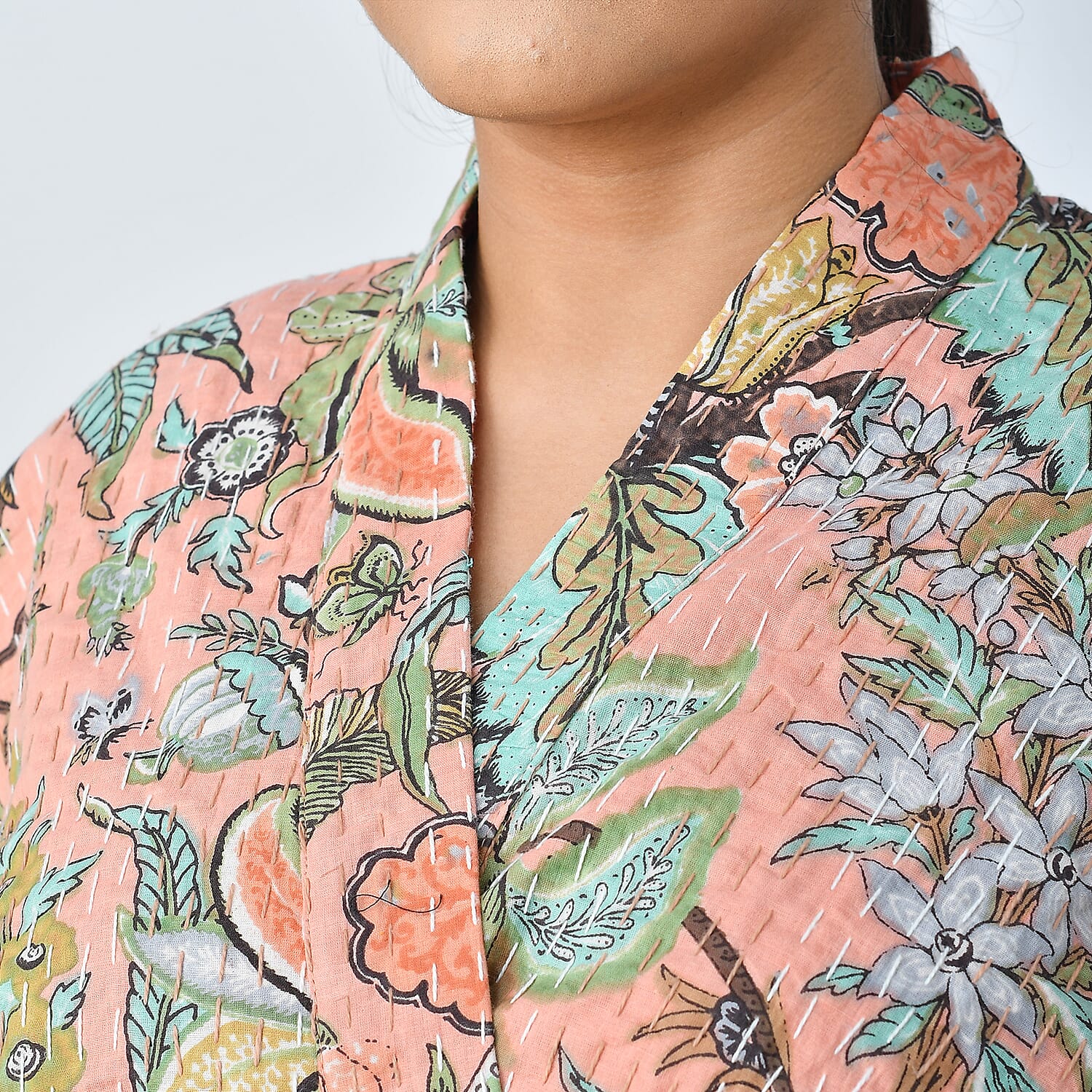 LA MAREY 100% Cotton Printed Kantha Kimono (One Size) - Light Pink