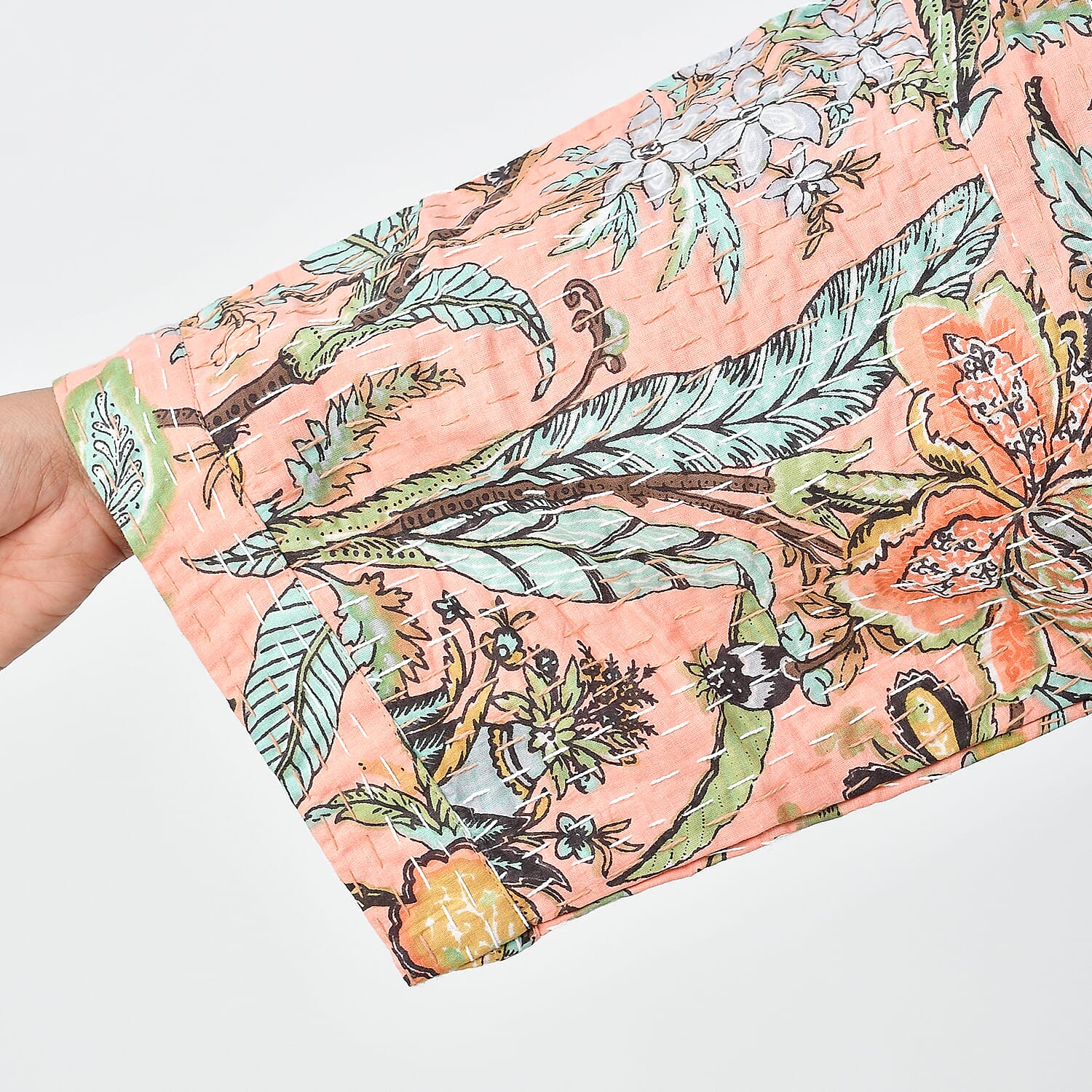 LA MAREY 100% Cotton Printed Kantha Kimono (One Size) - Light Pink