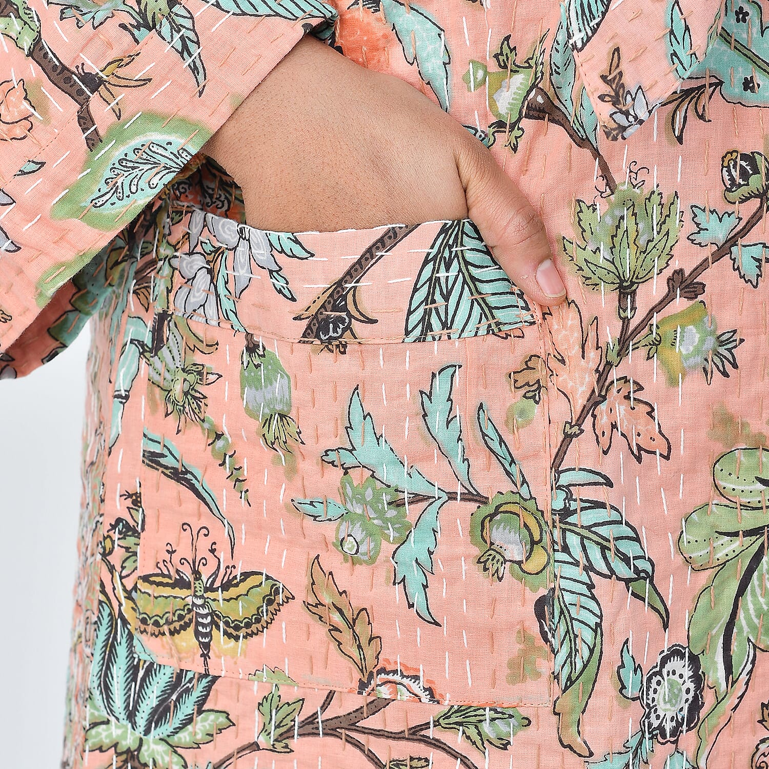 LA MAREY 100% Cotton Printed Kantha Kimono (One Size) - Light Pink