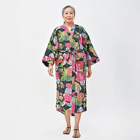 LA MAREY 100% Cotton Printed Kantha Kimono (One Size) - Black
