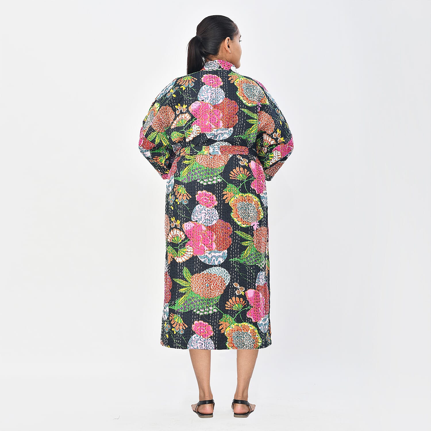 LA MAREY 100% Cotton Printed Kantha Kimono (One Size) - Black