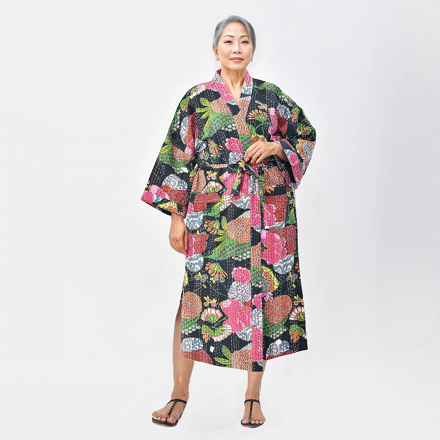 LA MAREY 100% Cotton Printed Kantha Kimono (One Size) - Black