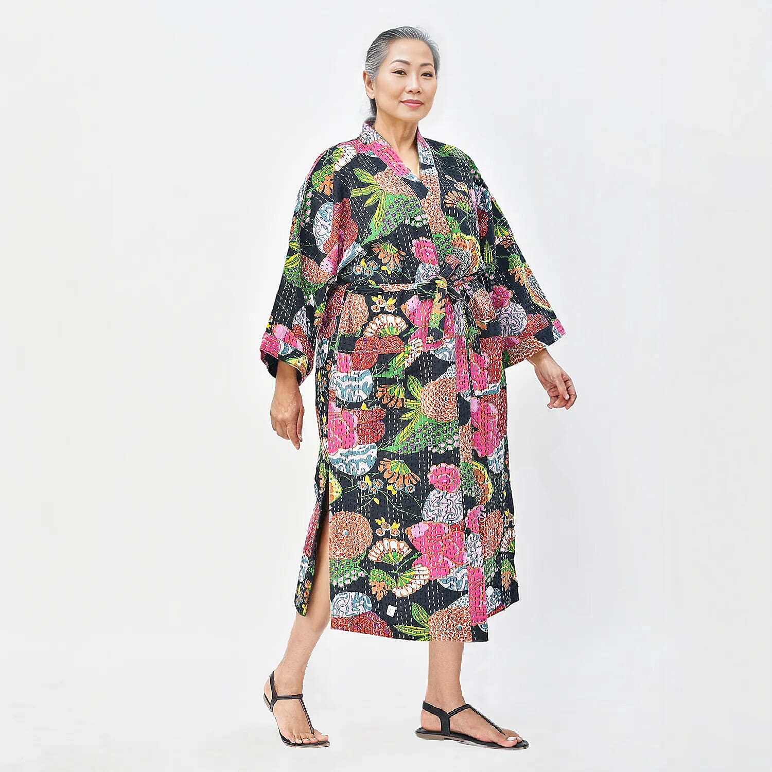 LA MAREY 100% Cotton Printed Kantha Kimono (One Size) - Black