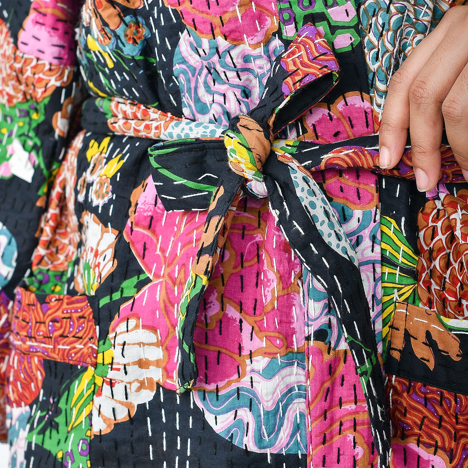 LA MAREY 100% Cotton Printed Kantha Kimono (One Size) - Black