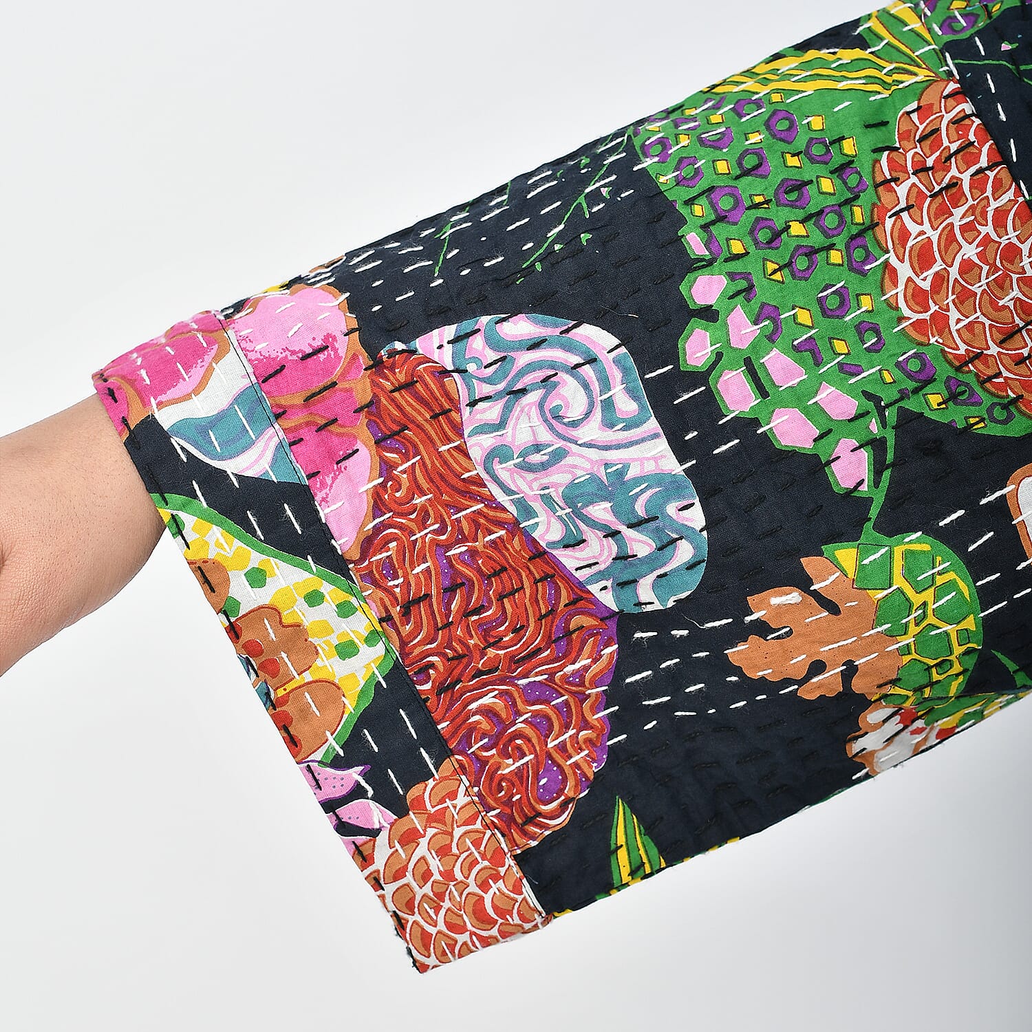 LA MAREY 100% Cotton Printed Kantha Kimono (One Size) - Black