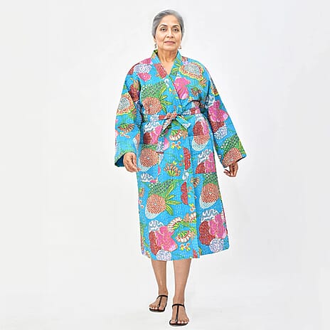 LA MAREY 100% Cotton Printed Kantha Kimono (One Size) - Turquoise