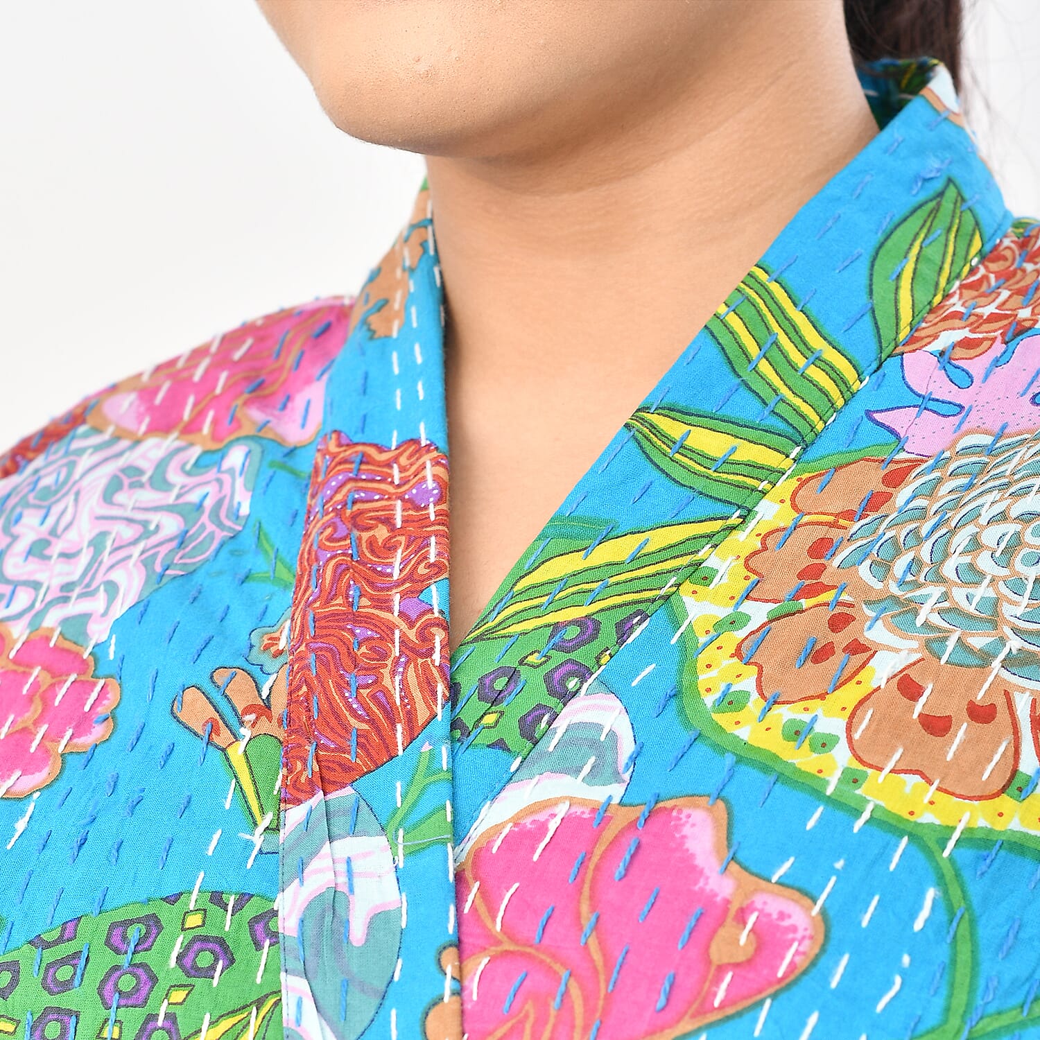 LA MAREY 100% Cotton Printed Kantha Kimono (One Size) - Turquoise LA MAREY 100% Cotton Printed Kantha Kimono (One Size) - Turquoise