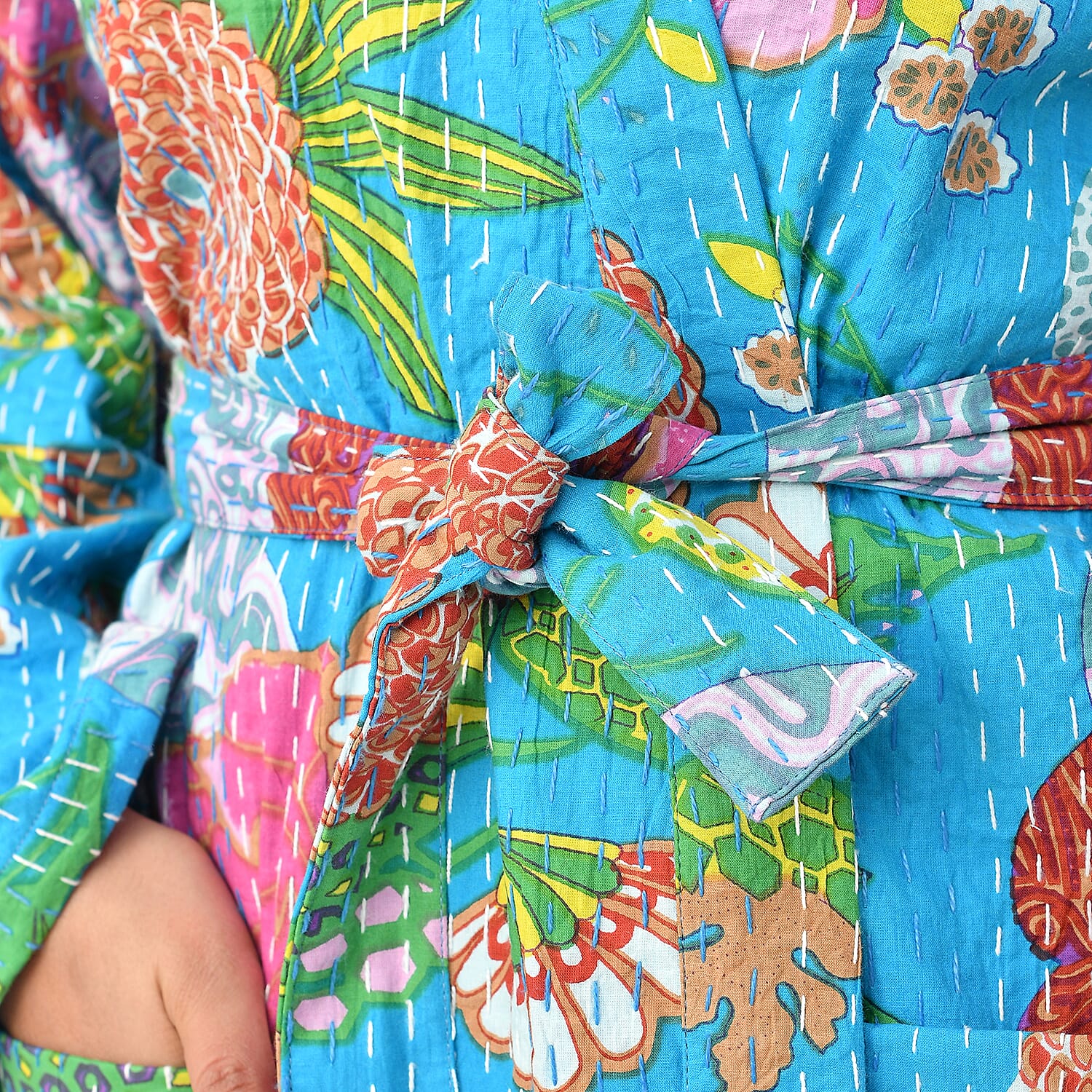 LA MAREY 100% Cotton Printed Kantha Kimono (One Size) - Turquoise LA MAREY 100% Cotton Printed Kantha Kimono (One Size) - Turquoise