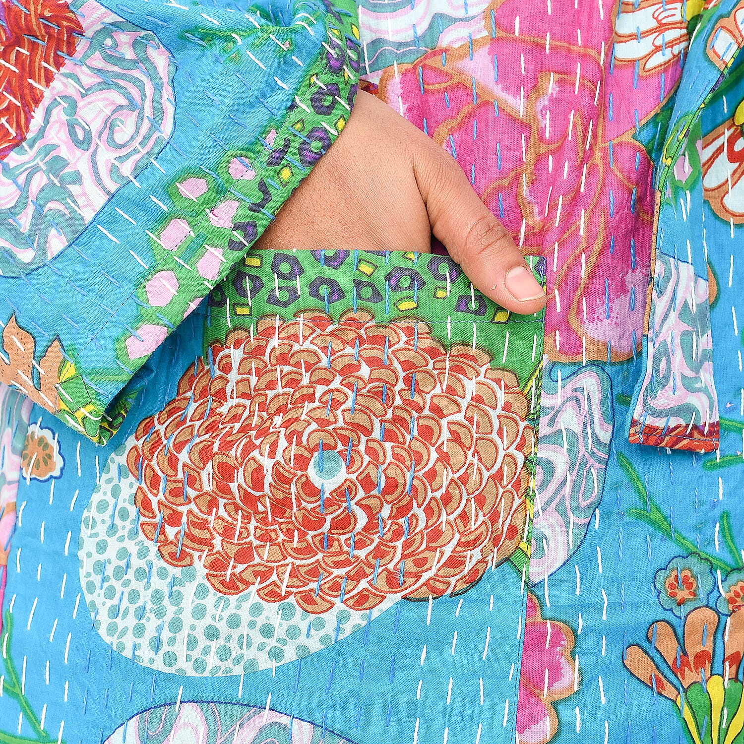 LA MAREY 100% Cotton Printed Kantha Kimono (One Size) - Turquoise LA MAREY 100% Cotton Printed Kantha Kimono (One Size) - Turquoise