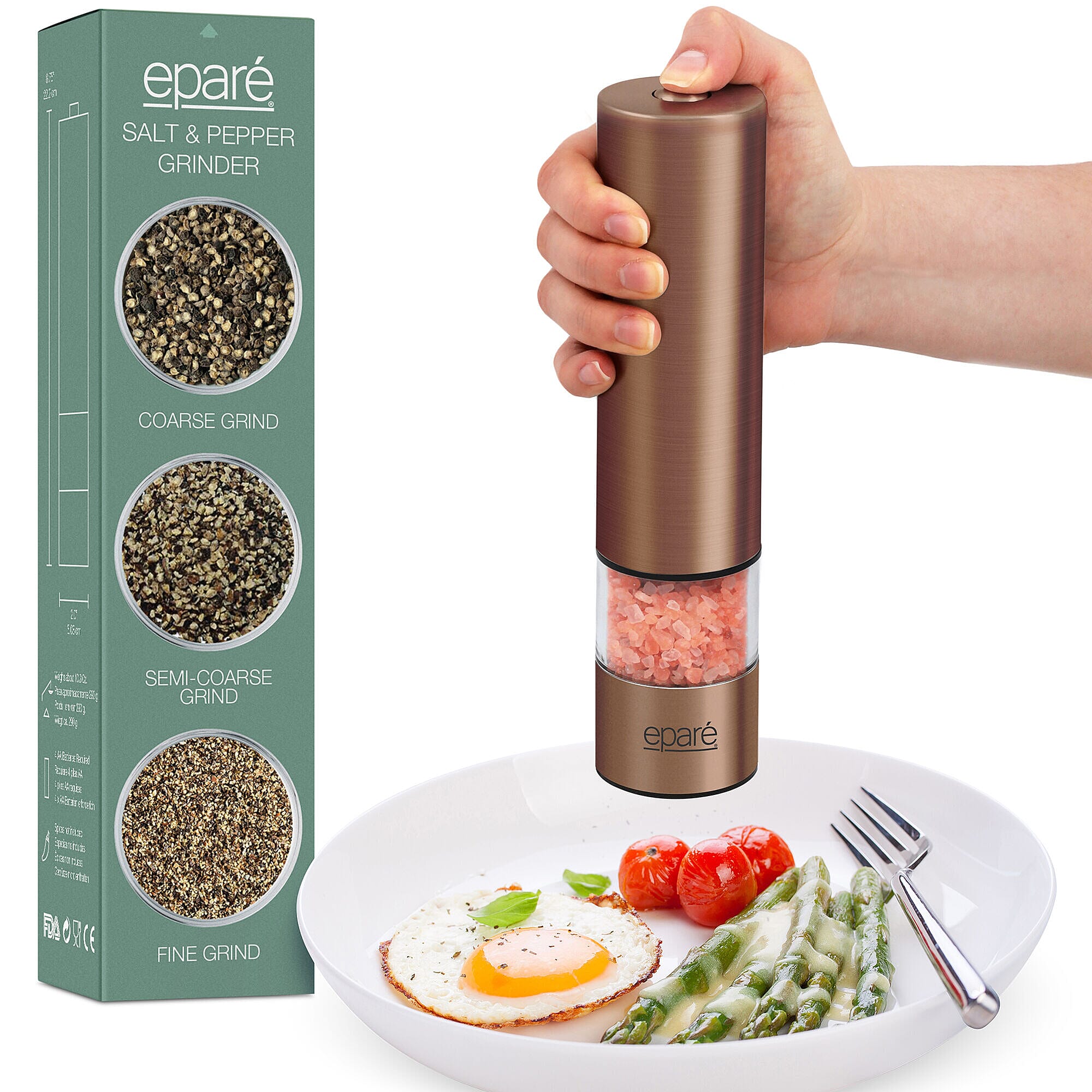 Closeout Deal - Epare Electric Salt and Pepper Grinder with Light - Copper