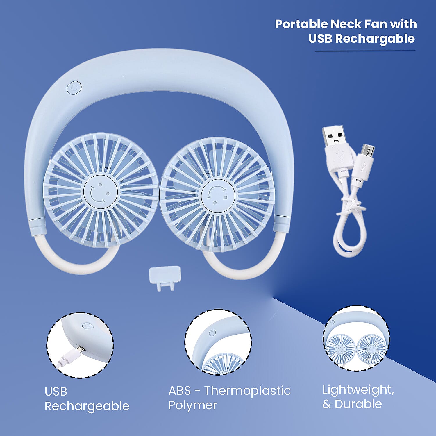 Portable Neck Fan with USB Rechargeable (1200mah) -Blue