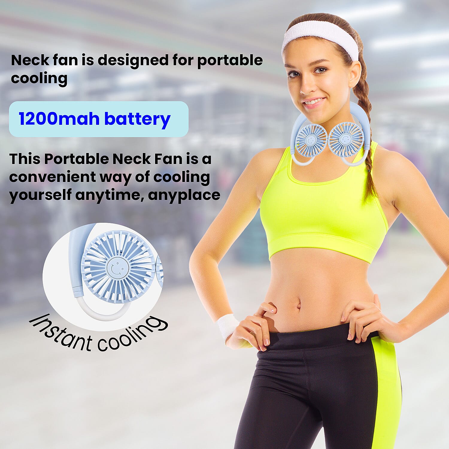 Portable Neck Fan with USB Rechargeable (1200mah) -Blue