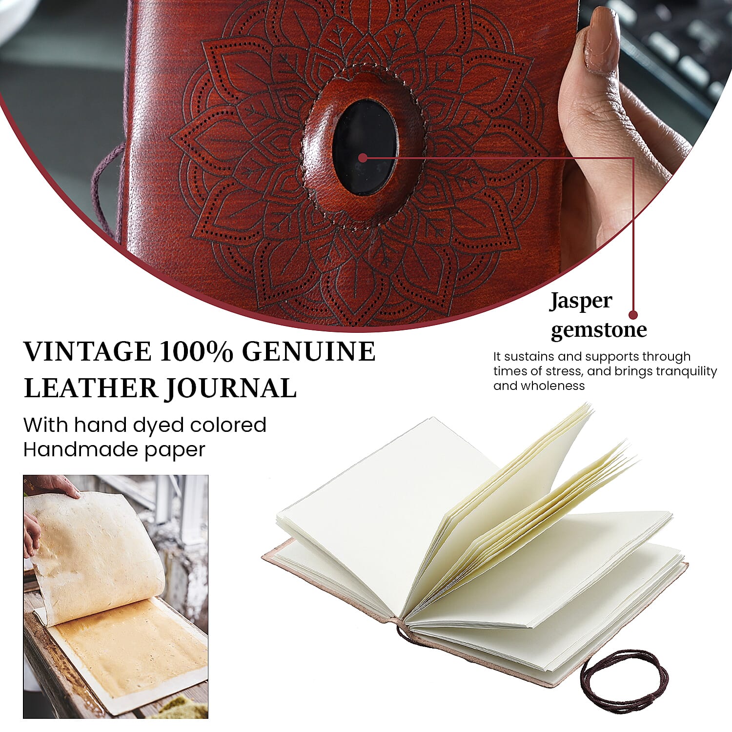 Lasercut 100% Genuine Leather Journal with Jasper Gemstone (Size 17x12x1 cm)