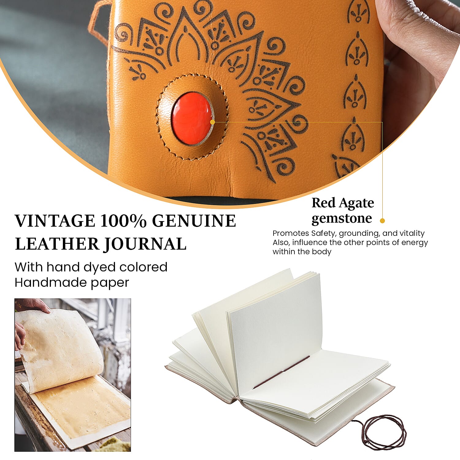 Lasercut 100% Genuine Leather Journal with Red Agate Gemstone