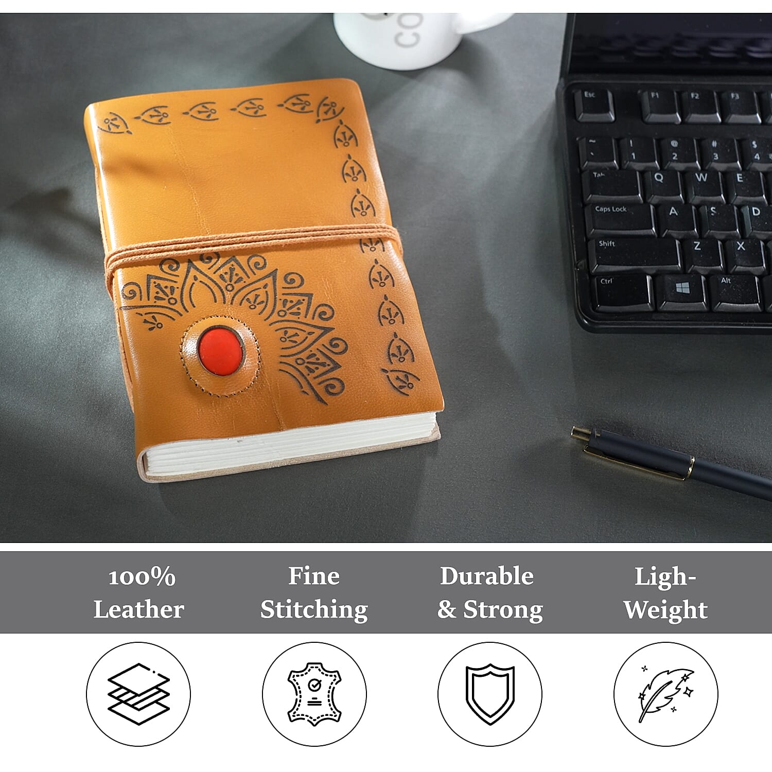 Lasercut 100% Genuine Leather Journal with Red Agate Gemstone