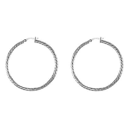 Sterling Silver Rhodium Plated 50mm Twist Diamond Cut Hoop Creole Earrings