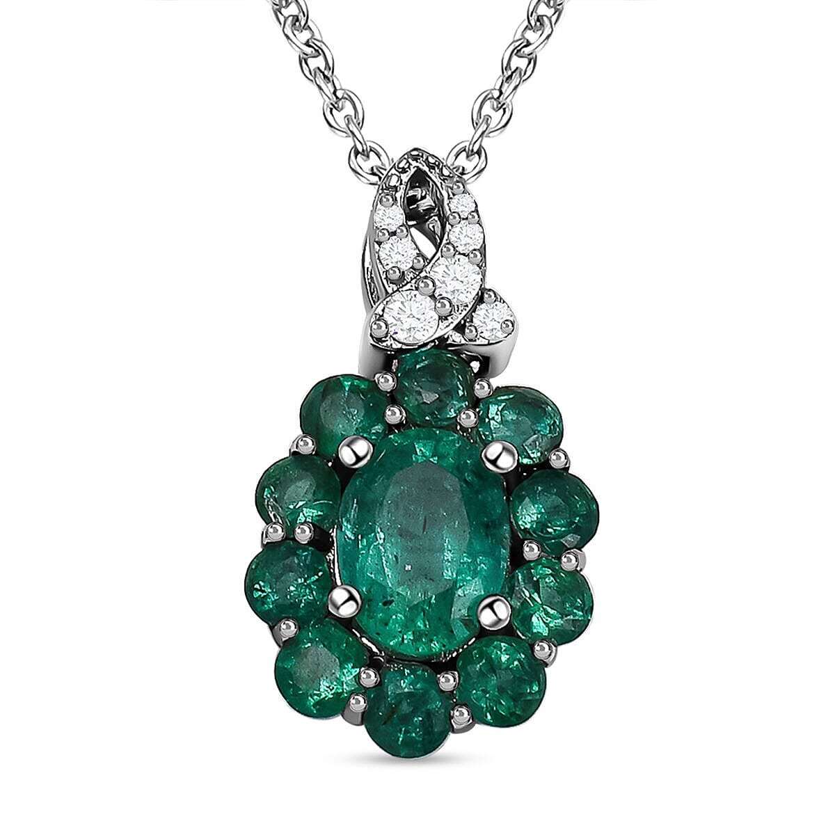 AAA Gemfields Emerald and Natural Cambodian Zircon Pendant with Chain (Size 20) with Spring Ring Clasp in Sterling Silver 1.468 Ct
