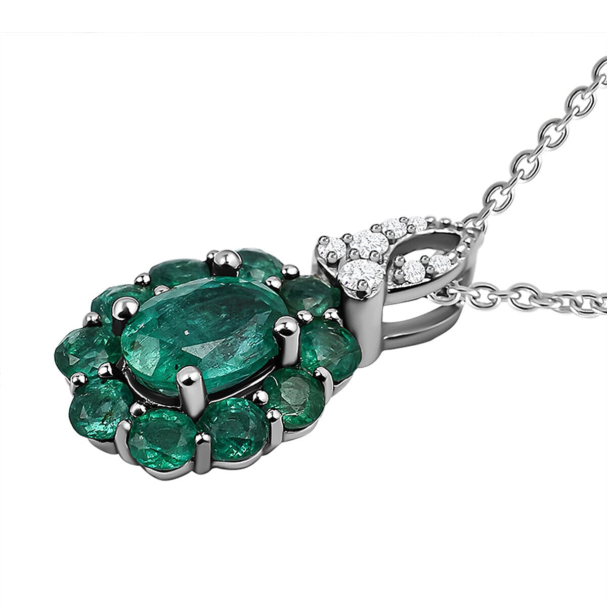 AAA Gemfields Emerald and Natural Cambodian Zircon Pendant with Chain (Size 20) with Spring Ring Clasp in Sterling Silver 1.468 Ct
