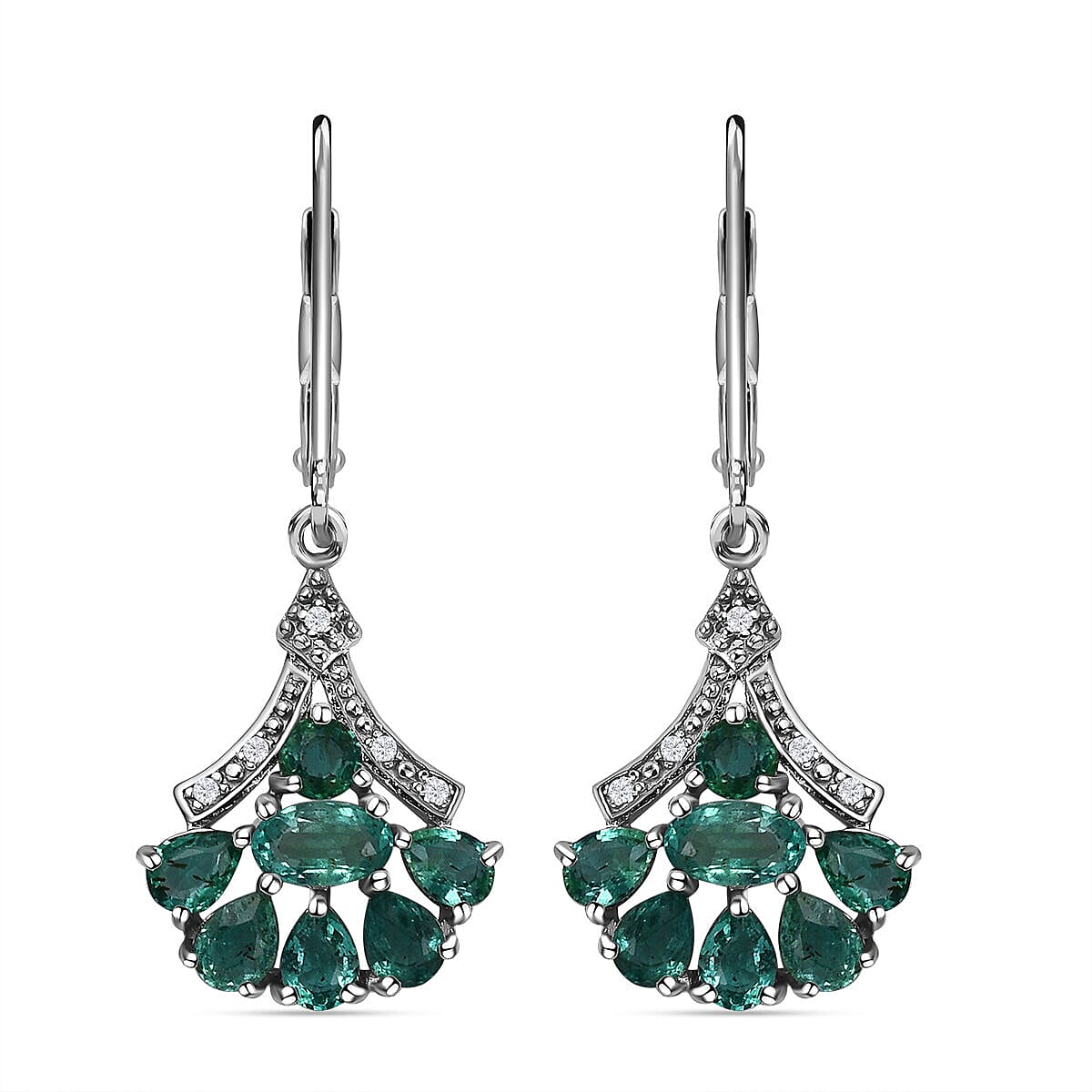 AAA Gemfields Emerald and Natural Cambodian Zircon Lever Back Earrings in Sterling Silver 2.234 Ct.