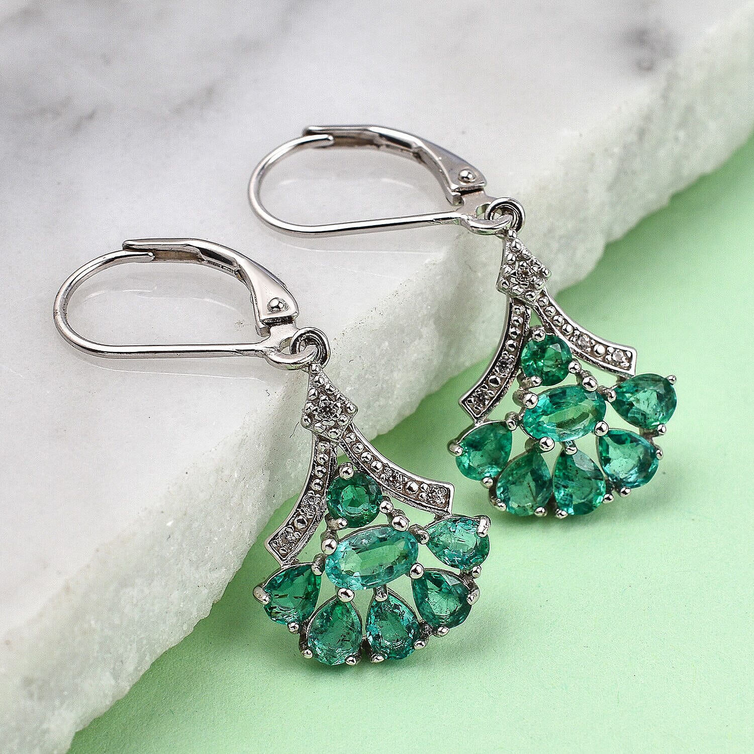 AAA Gemfields Emerald and Natural Cambodian Zircon Lever Back Earrings in Sterling Silver 2.234 Ct.