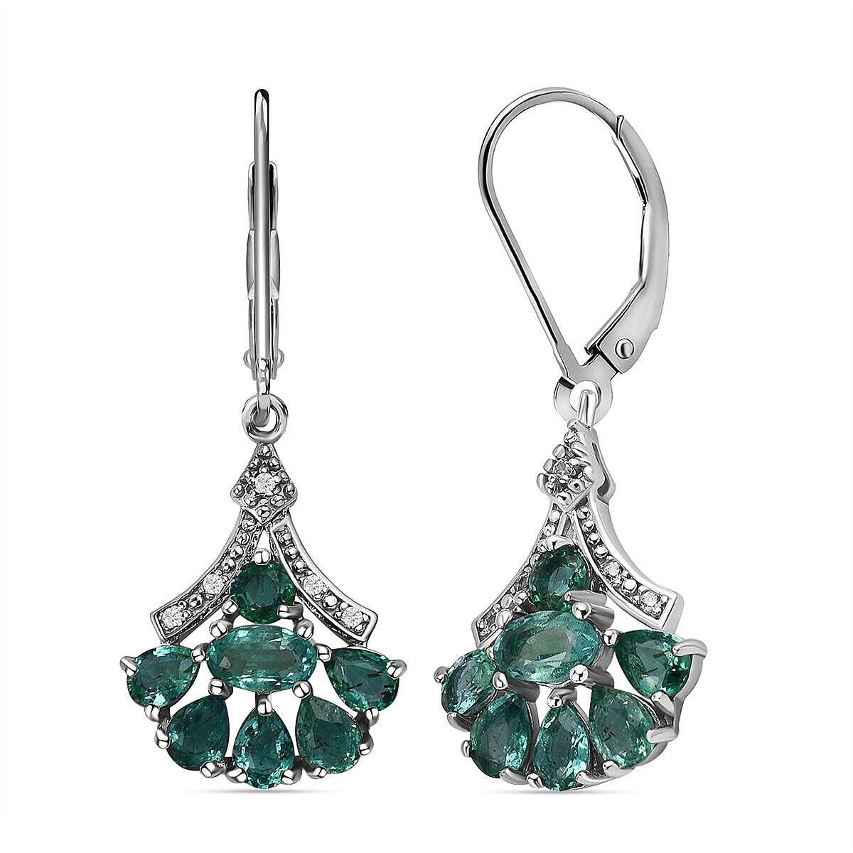 AAA Gemfields Emerald and Natural Cambodian Zircon Lever Back Earrings in Sterling Silver 2.234 Ct.